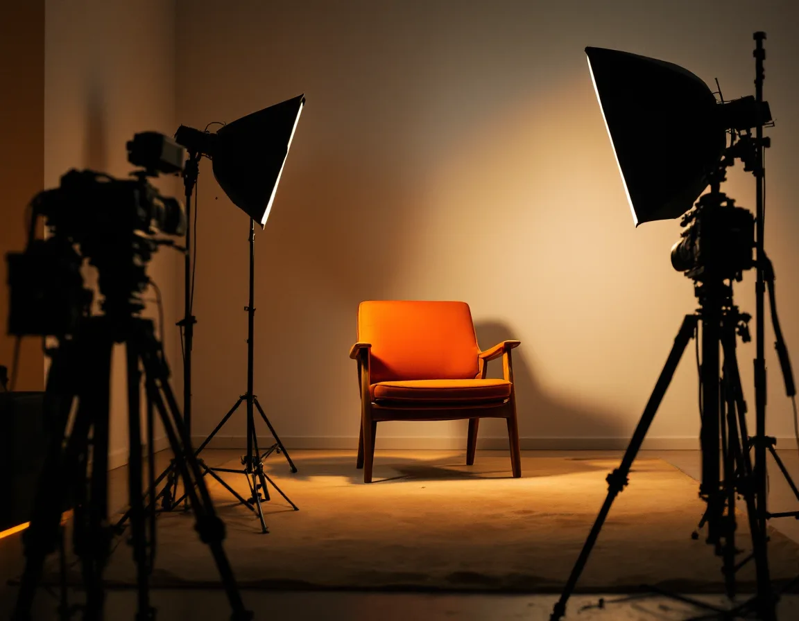 A Narrafilm interview set: one chair, soft light, two cameras angled close